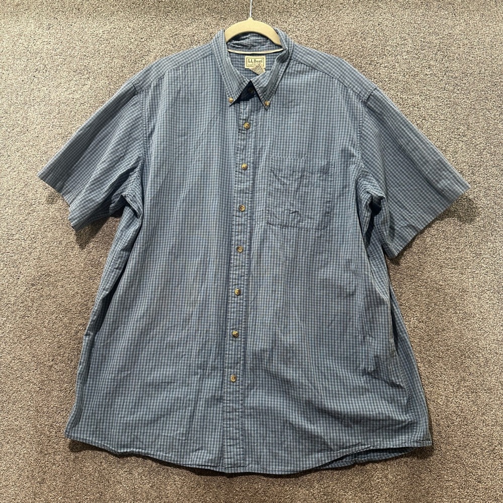 LL Bean Button Up‎ Shirt Mens XL Tall Blue Gingham Short Sleeve Cotton Classic